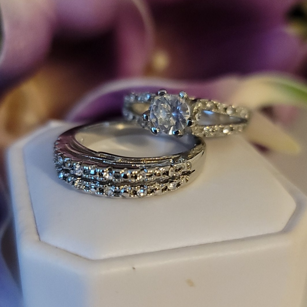 Wedding ring set sterling silver plated sz 10 - Picture 2 of 11